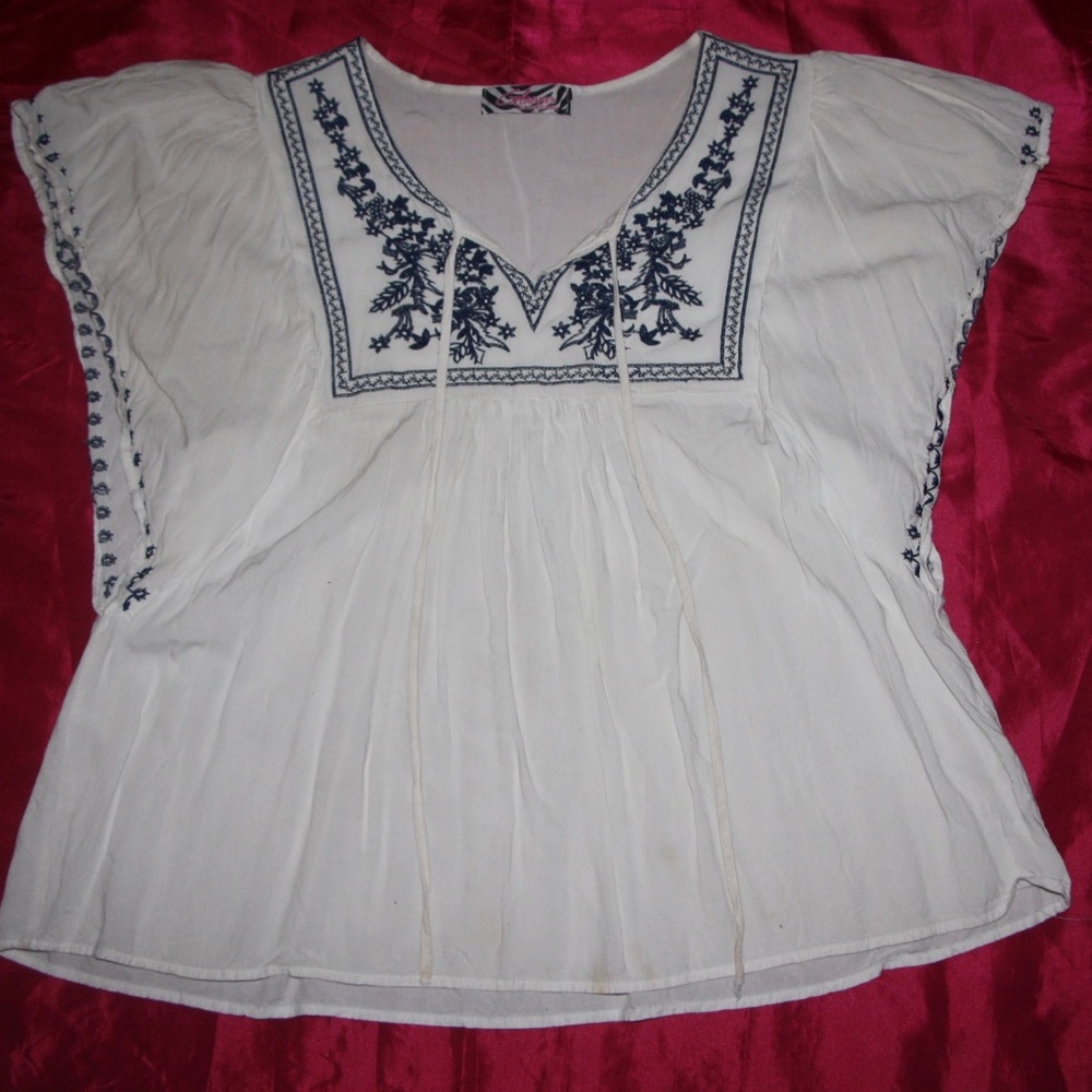 Navy Blue and White Embroidered Blouse